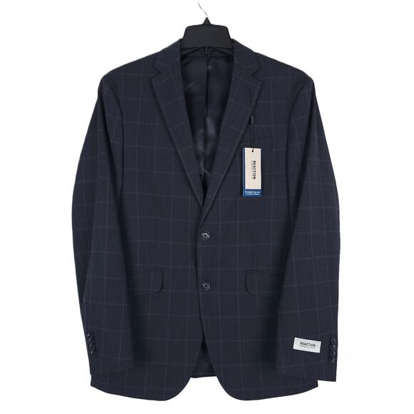 Kenneth Cole Reaction Mens Slim Fit Suit Jacket Blazer 38R Dark Blue Windowpane